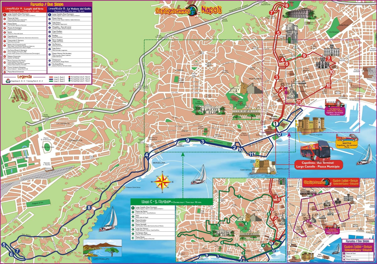 Napulj-hop-hop-off bus rute na karti